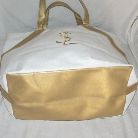 Yves Saint Laurent YSL Parfums White Canvas Gold Trim Tote Bag Shopping Travel - Picture 5 of 5